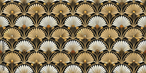 Elegant Art Deco pattern featuring golden and white fan motifs on a dark background.