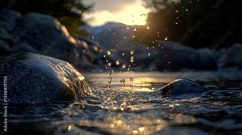 Water droplets falling above dark rocks in sunlight illuminated water