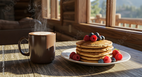 Rustic Mountain Cabin Breakfast Featuring Hot Chocolate Pancakes And Fresh Berries