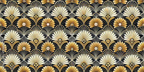 Elegant floral pattern with gold and cream hues on a deep black background.