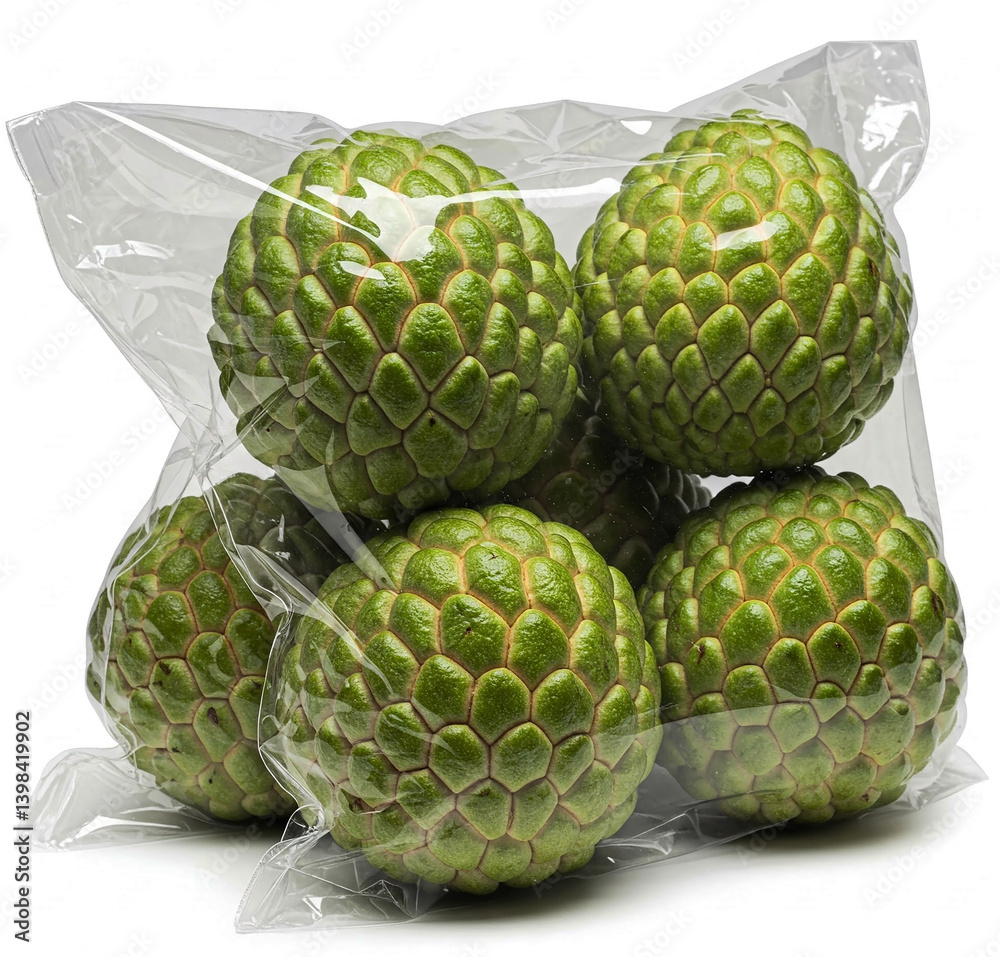 Obraz premium Fresh Sugar Apple,custard apple or Annona packed in a clear transparent bag for easy storage and to preserve original taste. Source of vitamins and minerals, including Vitamin C, and potassium.
