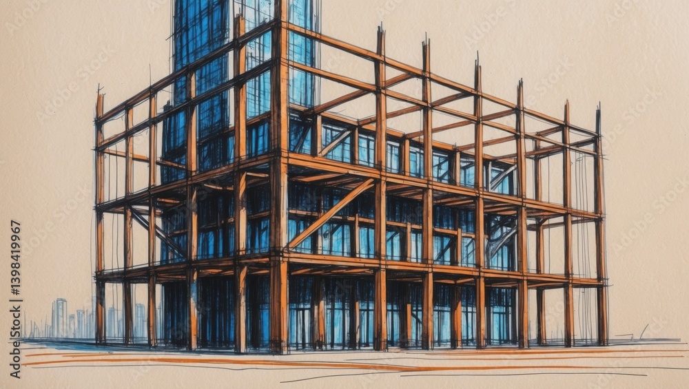Fototapeta premium Building under construction sketch. Wooden frame structure with blue glass panels. Tall building is rising. City skyline shown in background.