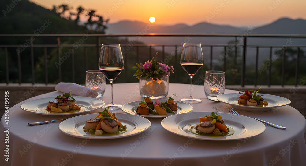 Fototapeta premium Romantic Gourmet Dining Experience Outdoors With Sunset View