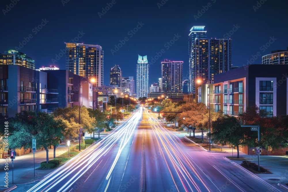 Fototapeta premium Night view of the city, tall buildings in the city appear on both sides of an empty street with white lines and traffic lights, blue light trails, blue sky, long exposure photography Generative AI