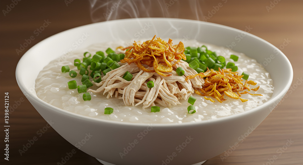Delicious Steaming Bowl Of Chicken Congee With Fresh Toppings Still Life Delicious Steaming Bowl Of Chicken Congee With Fresh Toppings Still Life