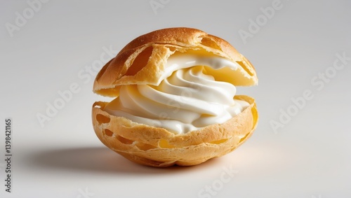 Cream Puff Dessert. Pastry shell with soft filling on plain background. Light yellow baked goods filled with smooth white cream. Fresh light dessert.