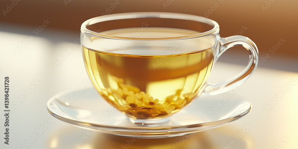 Cup mug of tea with chamomile, cup filled with tea stands on table in daylight, chamomiles lie on table, chamomiles lie near cup, photo of cup of tea with chamomile Cup mug of tea with chamomile, cup filled with tea stands on table in daylight, chamomiles lie on table, chamomiles lie near cup, photo of cup of tea with chamomile