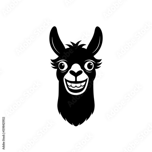 Black Silhouette Llama Head Mascot with Big Stylized Eyes vector illustration