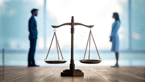 Focus on a traditional justice scale between a man and woman, representing equality, legal balance and resolution in family and marital disputes photo