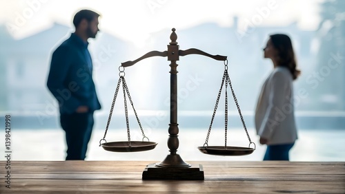 Close-up of an antique justice scale with a man and woman on opposite sides, symbolizing balance, equality and fairness in legal matters photo