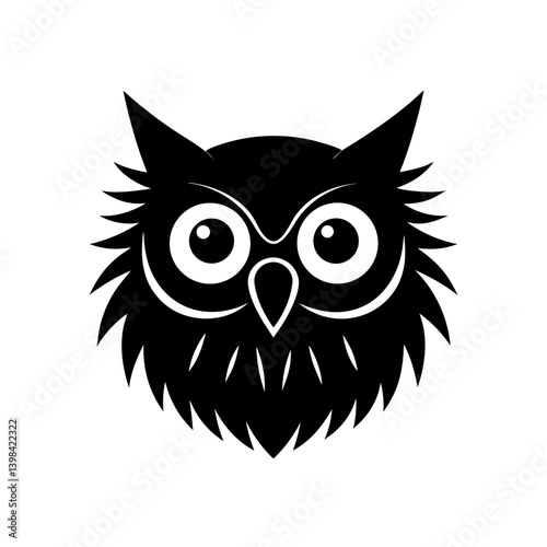 Black Silhouette Owl Head Mascot with Large Round Stern Eyes vector illustration