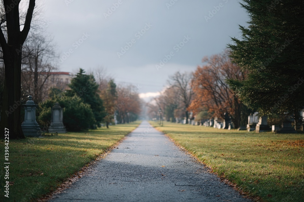 overcast sky looms above gravestones casting muted shadows in tranquil cemetery overcast sky looms above gravestones casting muted shadows in tranquil cemetery