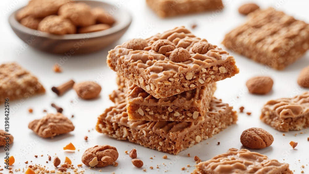 Brown Dessert Bars Stacked on White Surface. Cookies sit near wood bowl with more baked treats. Food photography, detailed surface texture. Brown Dessert Bars Stacked on White Surface. Cookies sit near wood bowl with more baked treats. Food photography, detailed surface texture.