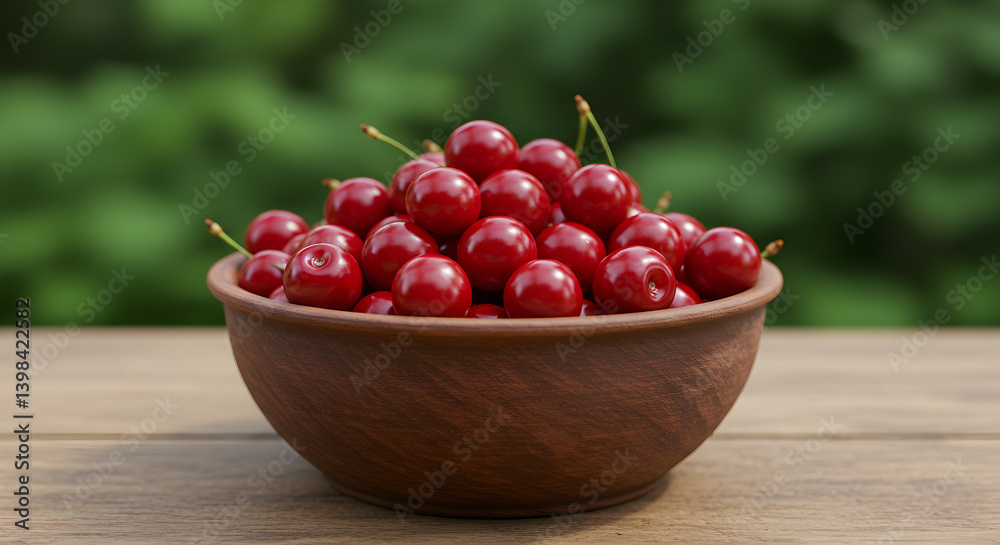 Bowl Of Fresh Red Cherries On A Wooden Table Surface Image Bowl Of Fresh Red Cherries On A Wooden Table Surface Image