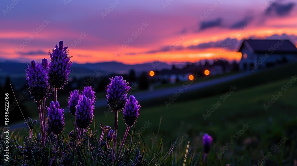 Obraz premium Purple flowers gracefully bloom during a beautiful sunset in the distance