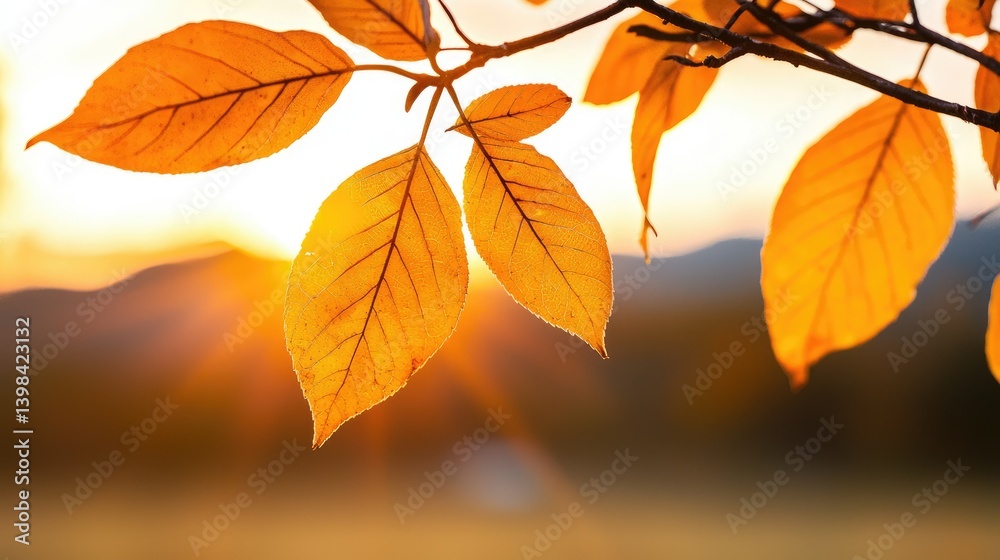 Golden yellow leaves hanging in front of a radiant sunset background Golden yellow leaves hanging in front of a radiant sunset background