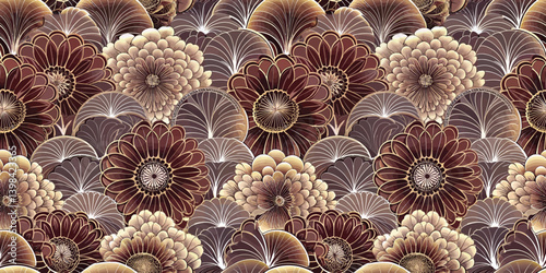 Elegant floral pattern with golden accents on a dark background.