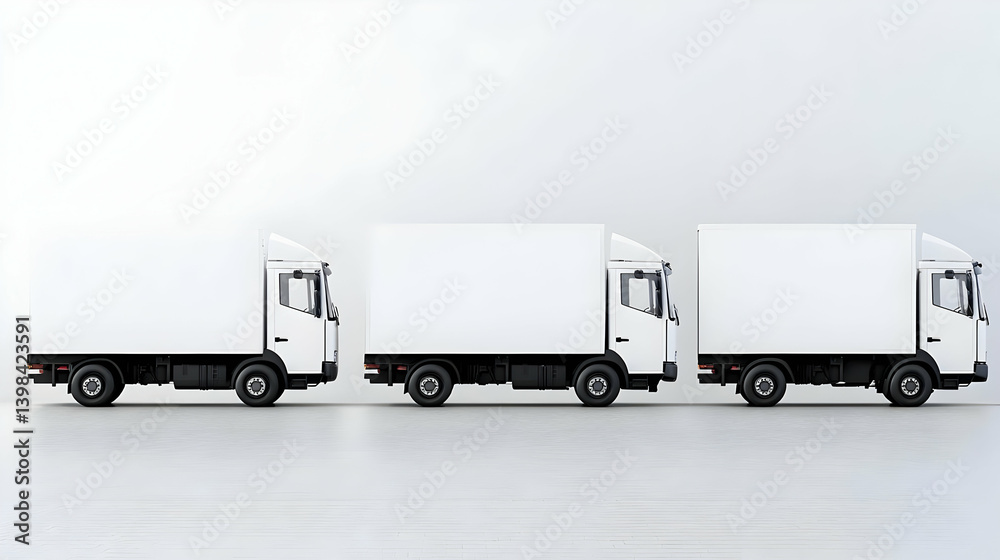 Row Of Three White Delivery Trucks On White Background Row Of Three White Delivery Trucks On White Background