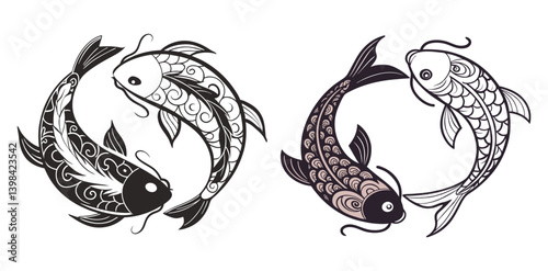 Yin-yang symbol made of two koi fish, each filled with tribal patterns and flowing curves