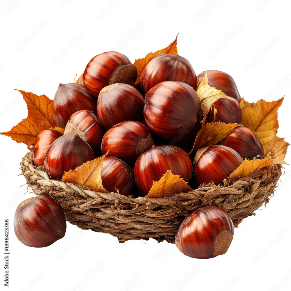 Harvesting chestnuts in a natural setting autumn basket display Harvesting chestnuts in a natural setting autumn basket display