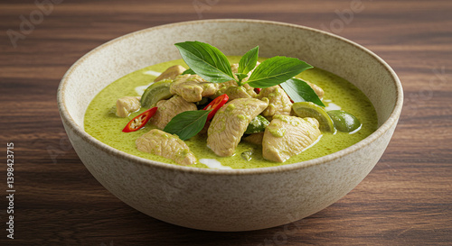 Thai green curry with chicken, coconut milk, and basil in ceramic bowl
