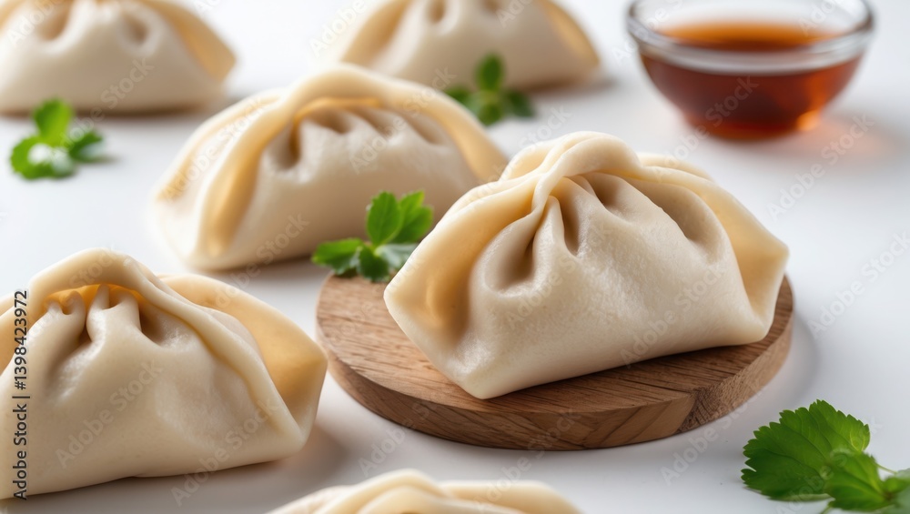 Steamed dumpling on wood board with dark dipping sauce. Many beige asian dumplings with parsley garnish on white background. Steamed dumpling on wood board with dark dipping sauce. Many beige asian dumplings with parsley garnish on white background.