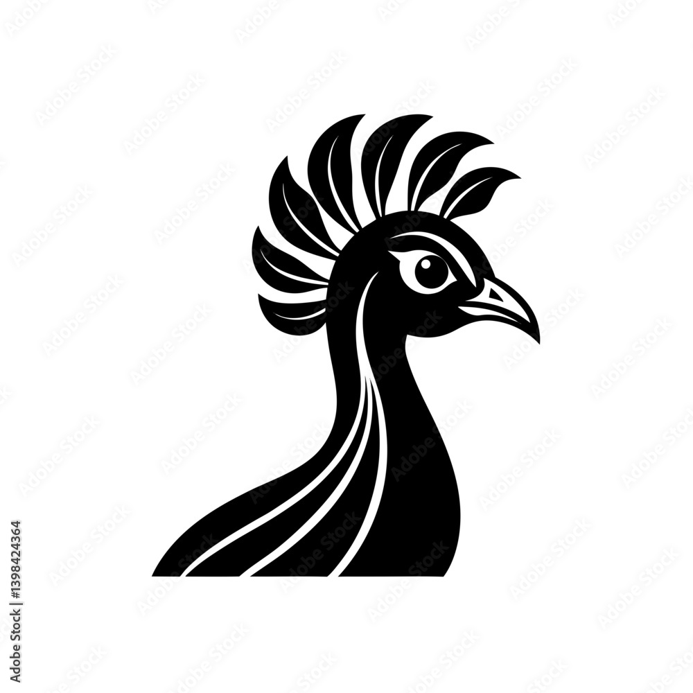 Fototapeta premium Black Silhouette Peacock Head Mascot Displaying Colorful Feathers vector illustration