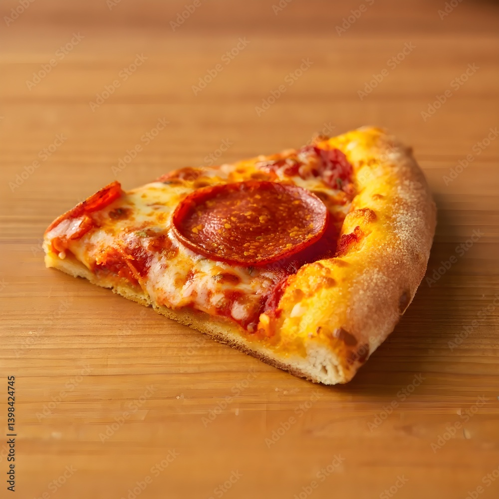 Single Pepperoni Pizza Slice on Wooden Table Single Pepperoni Pizza Slice on Wooden Table