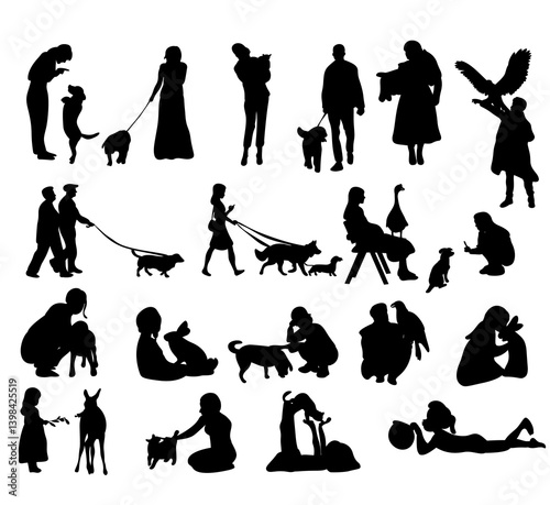 humans interacting with animal silhouettes birds  cats  dog   rabbit
