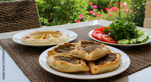 Authentic Lebanese Breakfast Featuring Hummus Za?atar Manakish and Vegetables