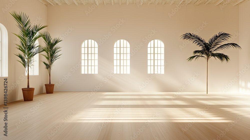 Fototapeta premium A light filled room featuring decorative potted plants and large windows