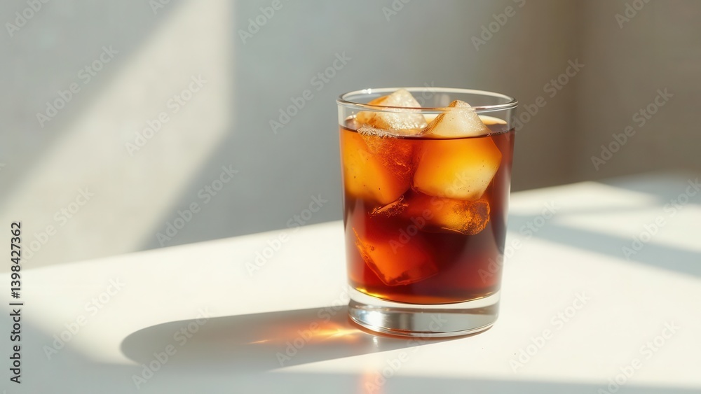 Refreshing Iced Coffee in a Glass on a Bright Surface with Sunlight Refreshing Iced Coffee in a Glass on a Bright Surface with Sunlight