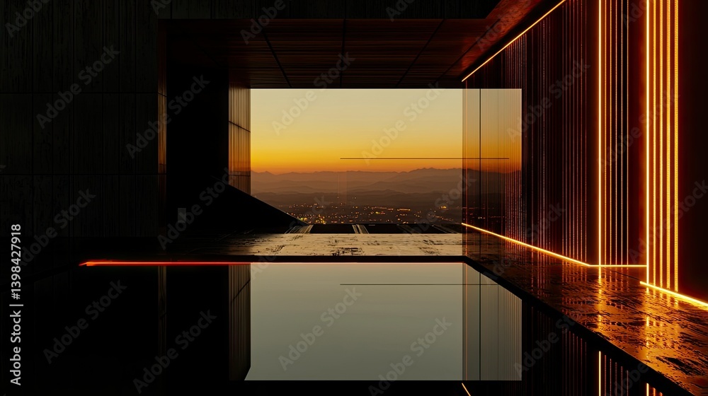 Obraz premium An abstract futuristic building featuring lights and reflections of sunset