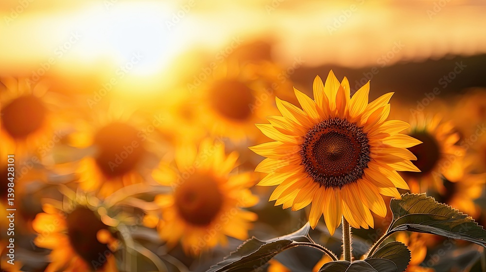 Fototapeta premium Many bright sunflowers illuminated by warm sunlight during golden hour