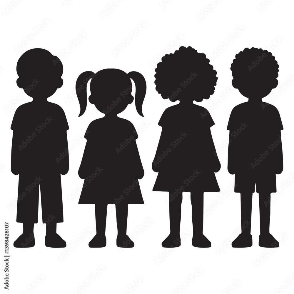 Young Children Standing Side By Side Black Silhouette Style Boys And Girl Young Children Standing Side By Side Black Silhouette Style Boys And Girl
