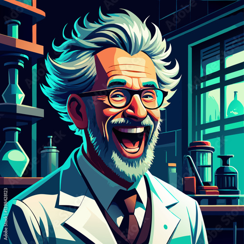 Cheerful Scientist Laughing Laboratory Vector Art for Education and Novelty Design