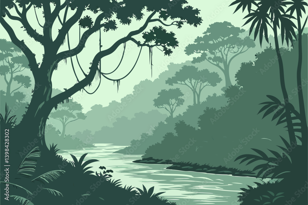 Fototapeta premium Dense Jungle River Landscape Vector Art for Nature Illustrations