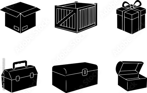 Set of Different Gift Boxes/ gear boxes/ countainers in Hand-drawn style. Simple Monochrome style Vector illustration