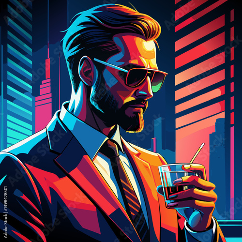 Stylish Businessman in Neon Cityscape at Night with Drink in Hand Vector