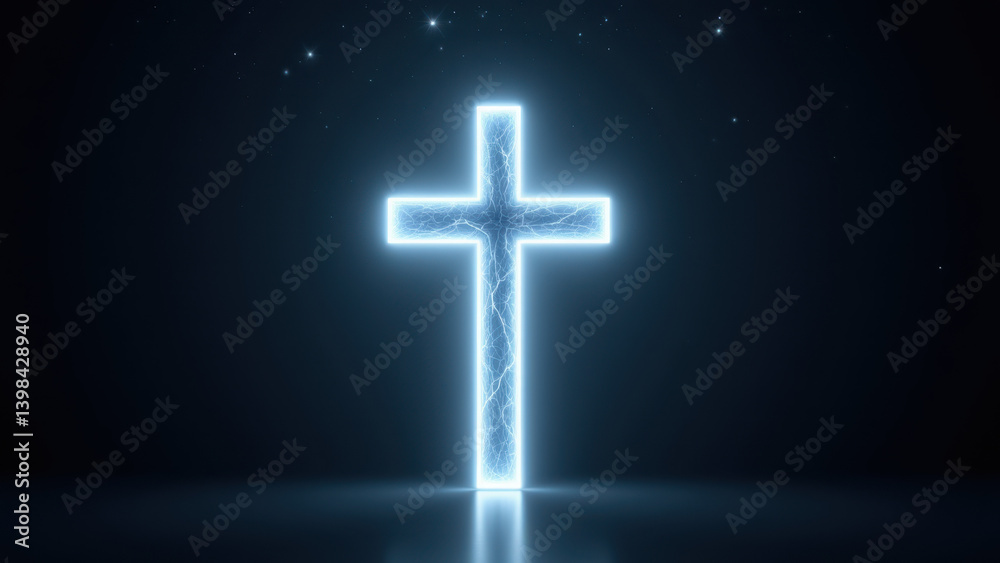 An illuminated Christian cross symbolizing faith and spirituality against a dark background with stars. An illuminated Christian cross symbolizing faith and spirituality against a dark background with stars.