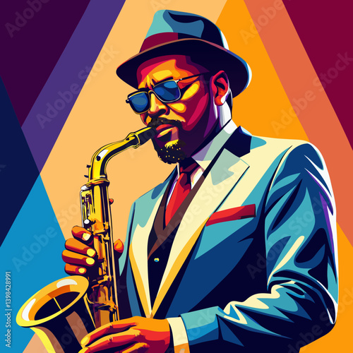 Vibrant Jazz Musician Playing Saxophone in Colorful Vector Art Illustration