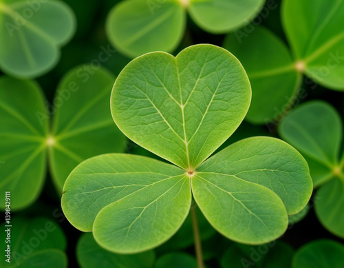 Green shamrock natural background. Selective focus on a central leave
