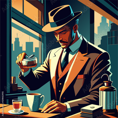 Vintage Gentleman Making Coffee in Art Deco Style Vector Illustration