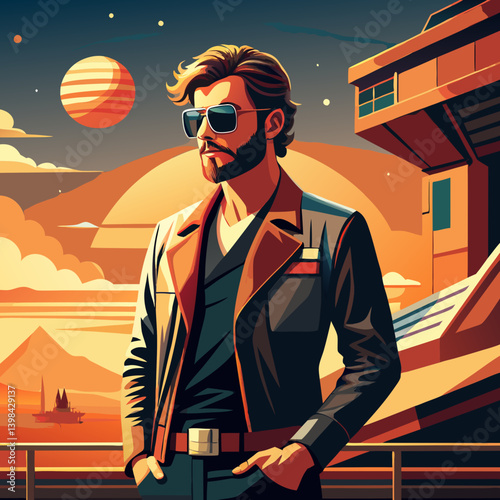 Futuristic Space Adventure Hero in Sunglasses on Sci-Fi Landscape