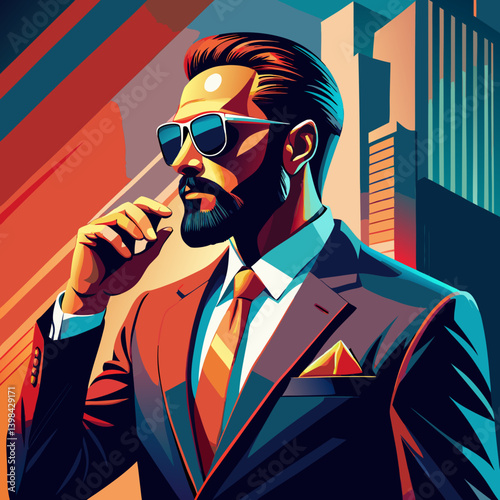 Stylish Businessman in Suit with Sunglasses in Urban Setting Vector Illustration