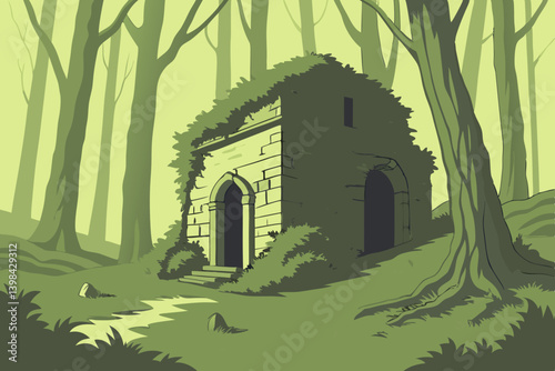 Ancient Forest Ruin with Ivy-Covered Stone Structure in Serene Woodland