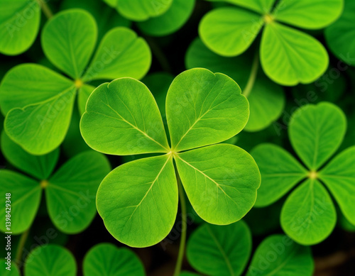 Green shamrock natural background. Selective focus on a central leave