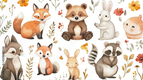 Watercolor Woodland Animals, Including Bears, Foxes, Bunnies, and Raccoons
