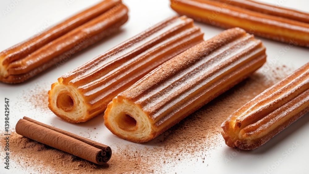 Fried dough pastry with sugar. Brown cinnamon stick next to sweet dessert on white table. Traditional snack with cinnamon and sugar. Fried dough pastry with sugar. Brown cinnamon stick next to sweet dessert on white table. Traditional snack with cinnamon and sugar.