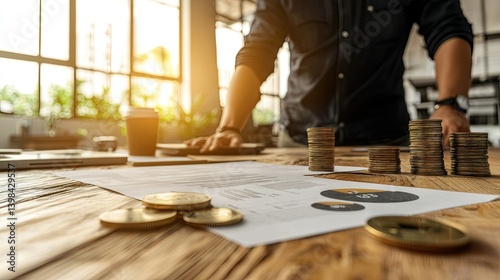 A person examining financial information on a wooden desk